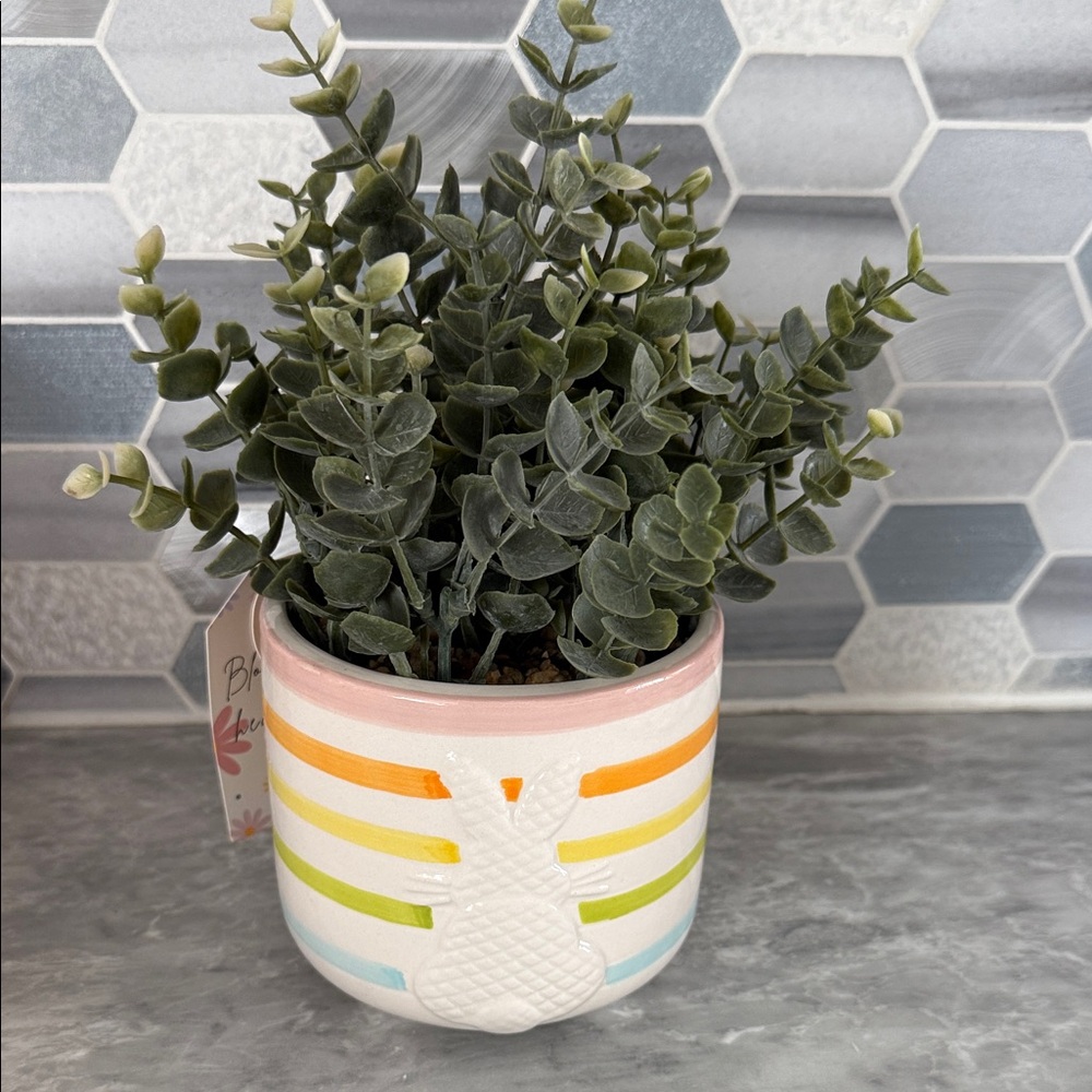 Multicolor Striped Ceramic Planter with Bunny Accent - Home Accents